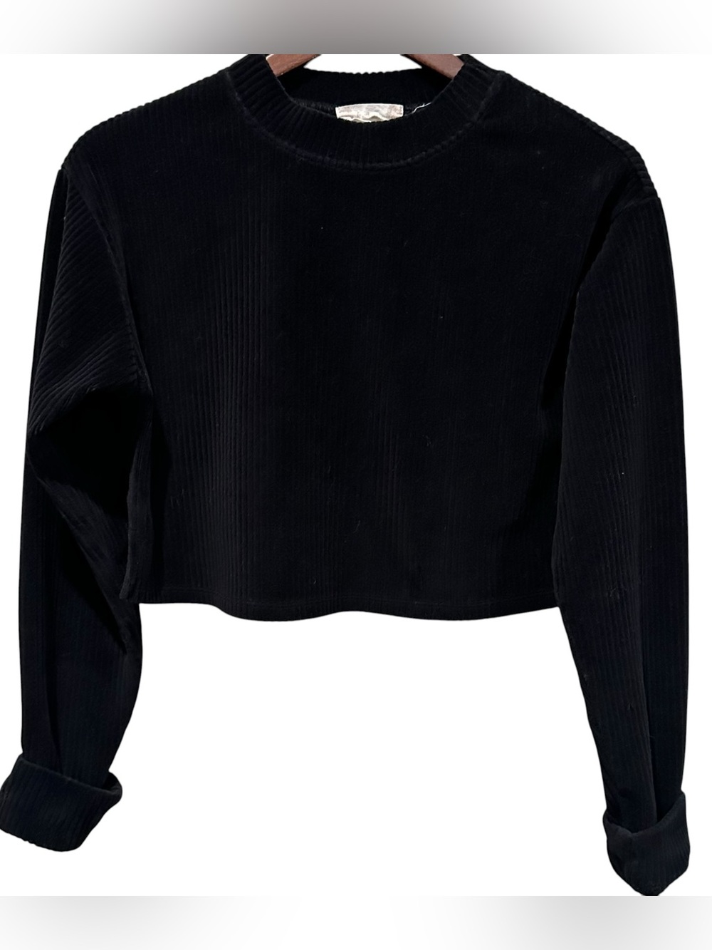 Altar'd State Black Velvet Long Sleeve Crop Top Crew Neck Women’s Size Small